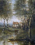 Jean-Baptiste-Camille Corot La riviere en bateau et la maison Sweden oil painting artist